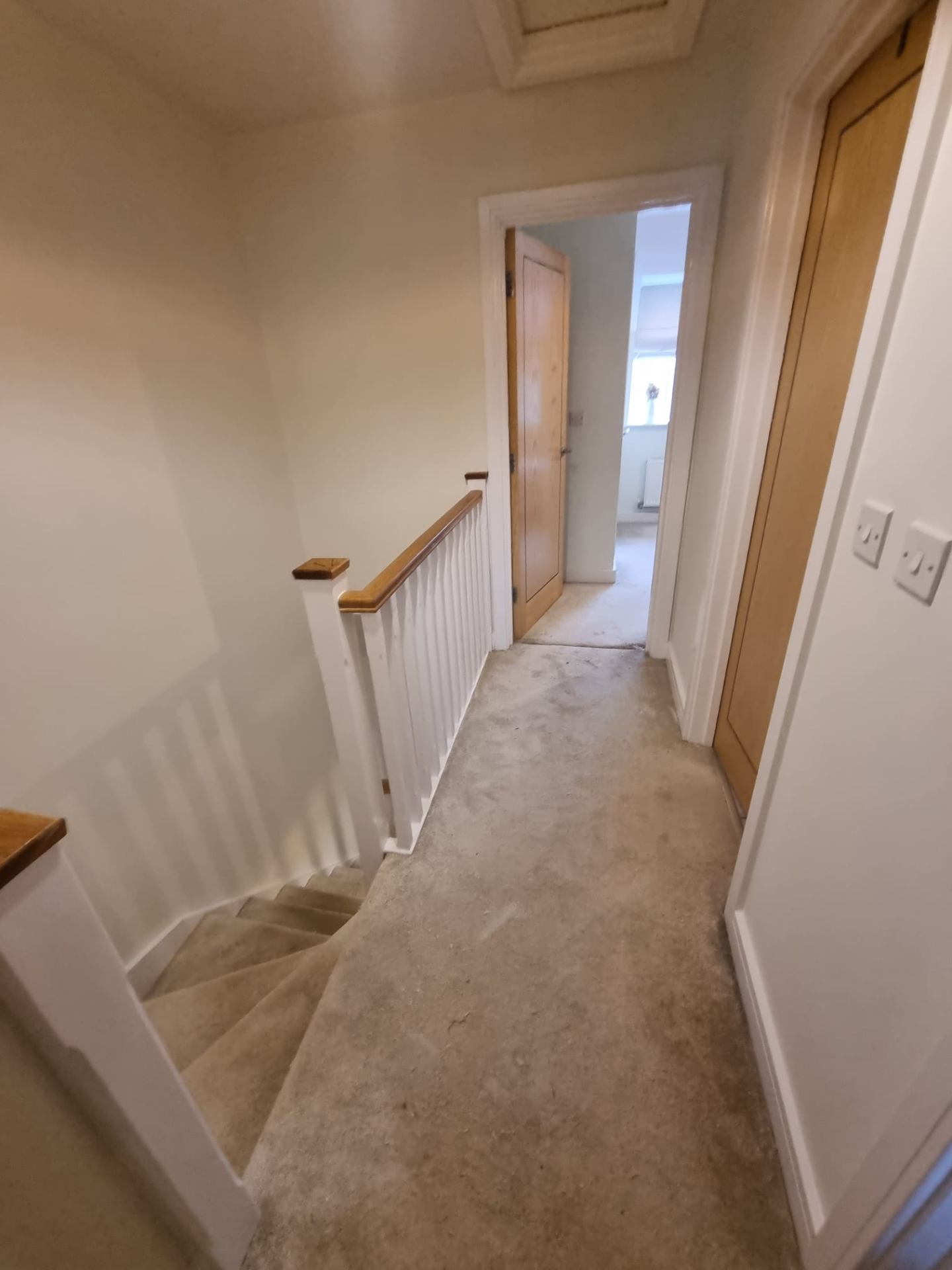 Sage-green painted staircase wall with white skirting, Berkshire decorating