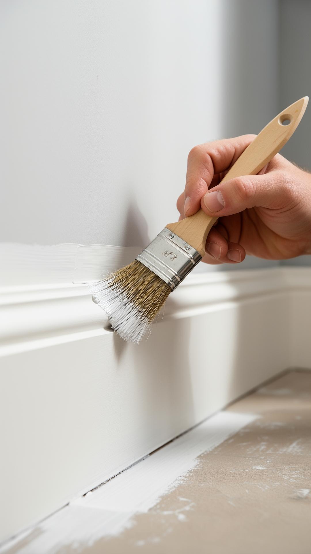 A Berkshire Surrey Painters & Decorators craftsman cutting in a sharp paint line along a freshly finished skirting board
